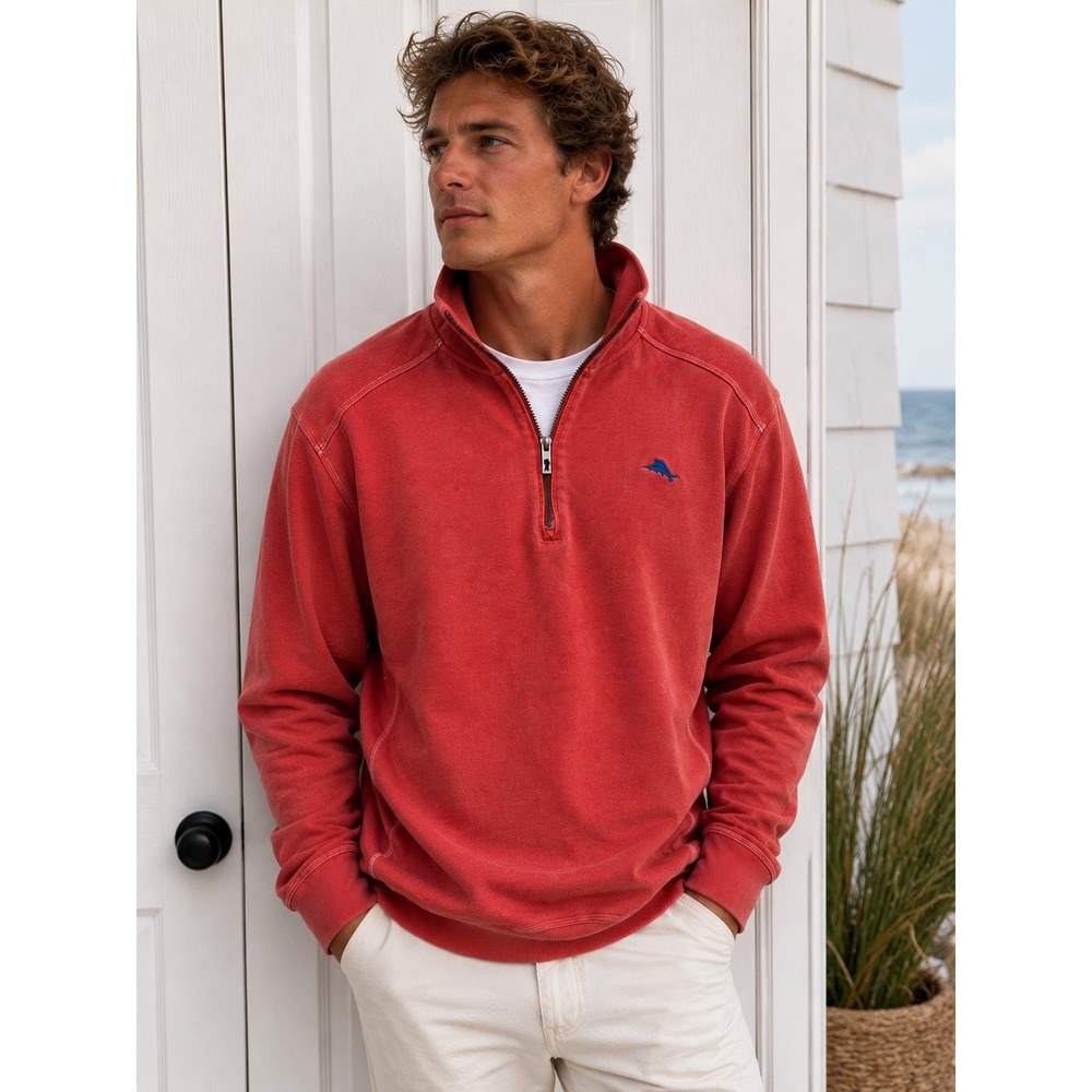 Tommy Bahama Quarter‎ Zip Pullover Red Orange Mens Large Coastal Sweatshirt